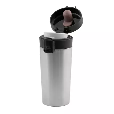 Thermo mug with push button for easy opening