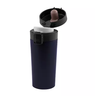 Thermo mug with push button for easy opening