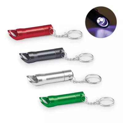 Flashlight, bottle opener and keyring