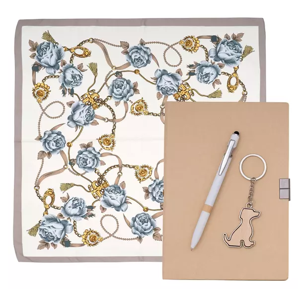 A5 notebook, ball pen, scarf and keychain set